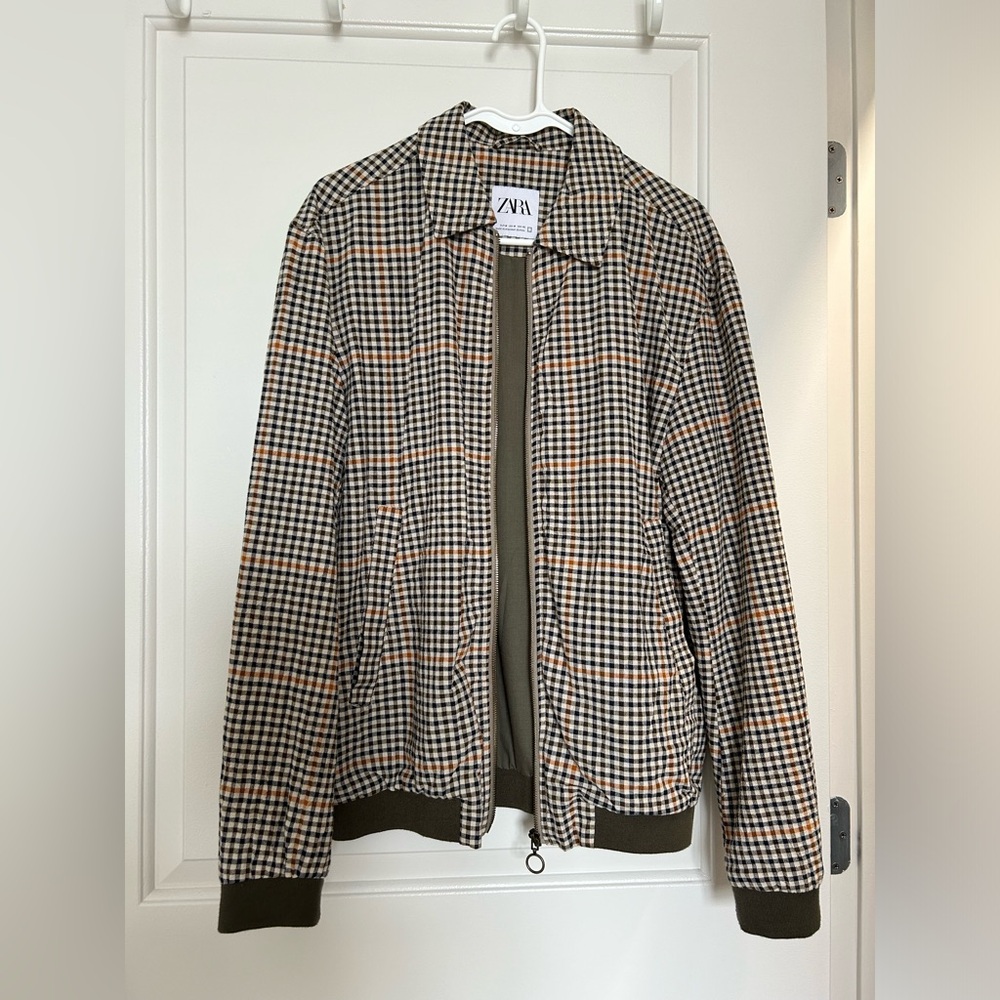 Zara - Gingham Zip Jacket - Men's Medium - Brown/Beige